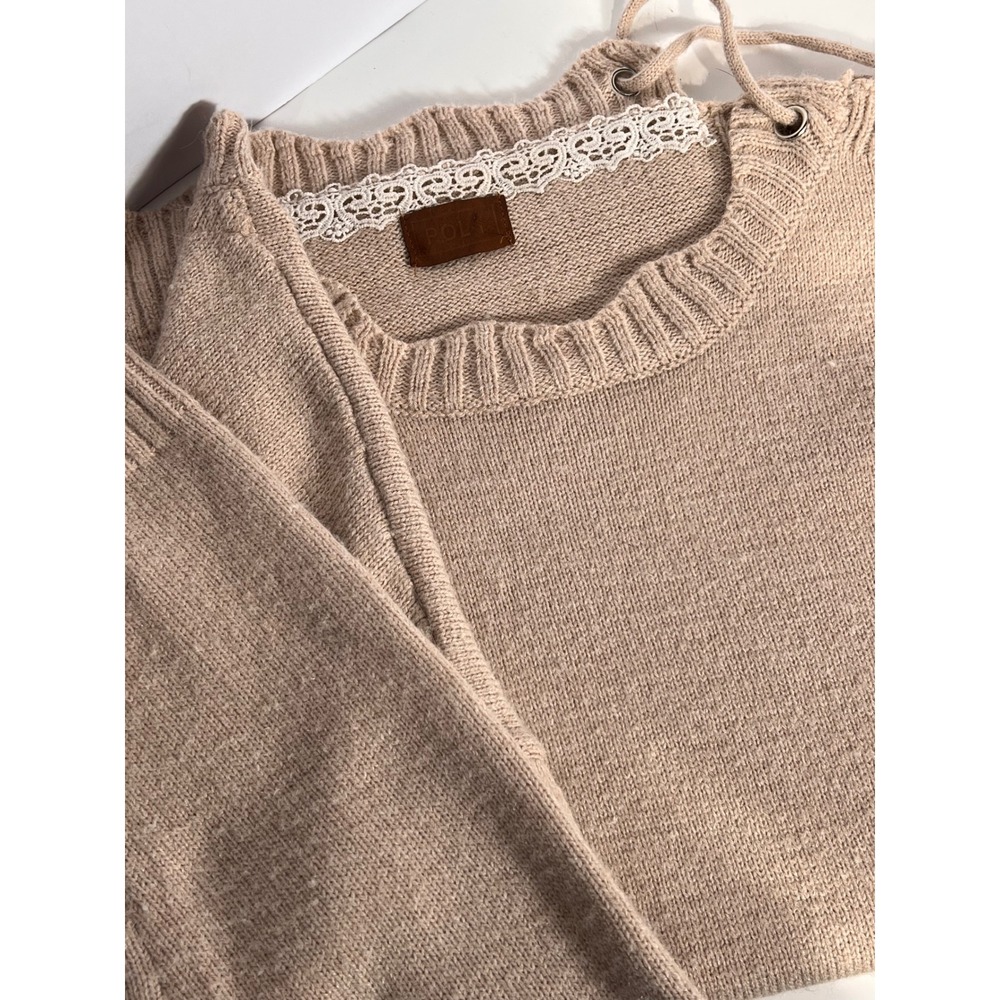 POL Lace Up Long Sleeve Sweater Tan Beige Knit‎ Pullover Casual Soft Comfortable - Picture 5 of 6